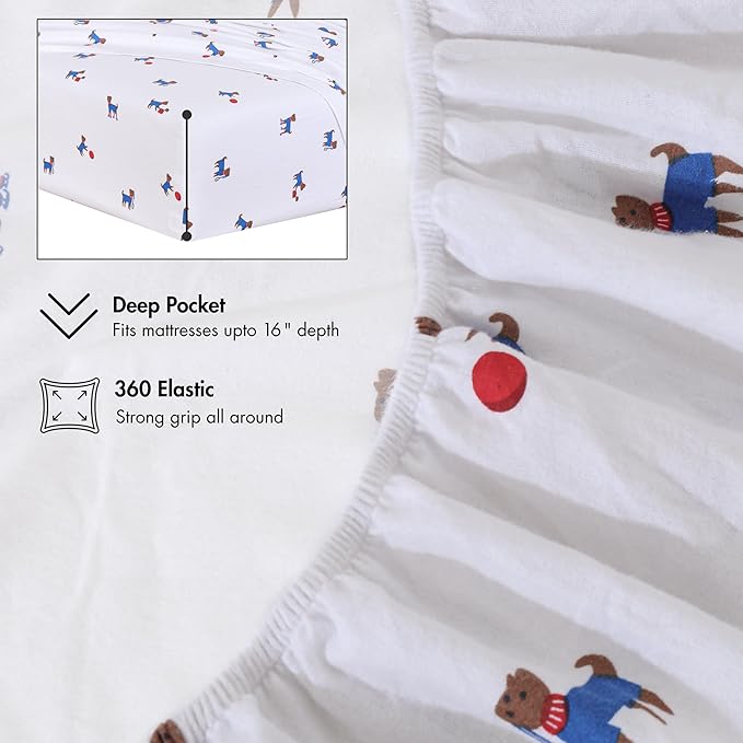 RUVANTI Flannel Sheets Twin Size - 100% Cotton Double Brushed Twin Sheets Set, Deep Pockets 16 Inches, All Seasons Breathable & Extra Soft Bed Sheets, Warm & Cozy, 3 Piece, Puppy Playoff