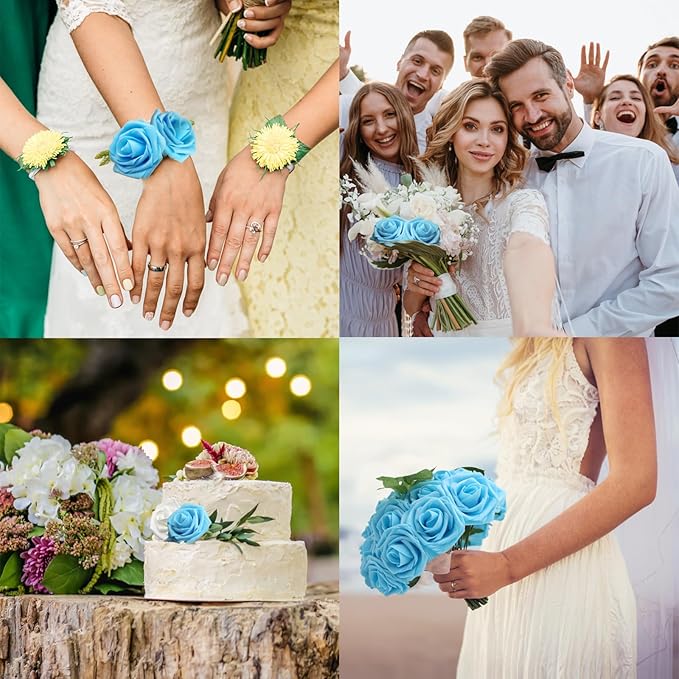JOYLEX Artificial Flowers Realistic Roses, Real Looking Fake Roses with Stem for DIY Wedding Bouquets Centerpieces Bridal Shower Party Home Romantic Decorations (Light Blue, Regular 3" - 200pcs)