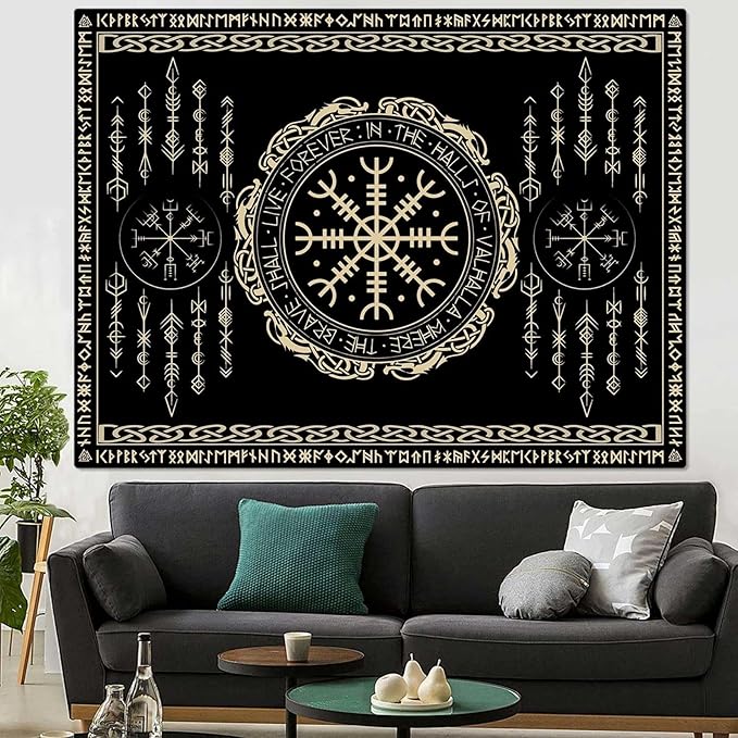 OSUNBD Nordic Vikings Tapestry Large 118x78inches Soft Flannel Vegvsir Symbol Amulet Celtic Rune Scandinavian Aesthetic Mythology Tapestry Wall Hanging for Bedroom Living Room Decor