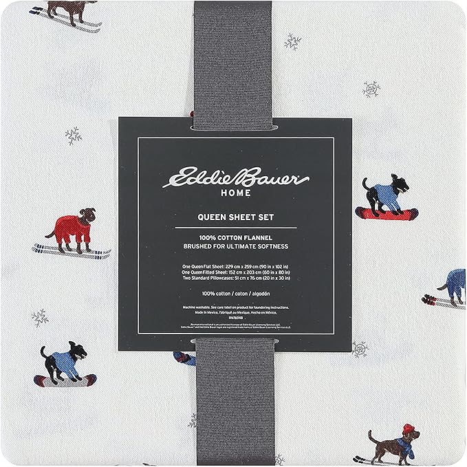 Eddie Bauer - Flannel Sheets King Size, Anti-Pilling & Wrinkle Resistant Cotton, Touchably Soft for All-Season Comfort - Bed Sheets with Matching Pillowcases & Fitted Sheet (Ski Patrol White)