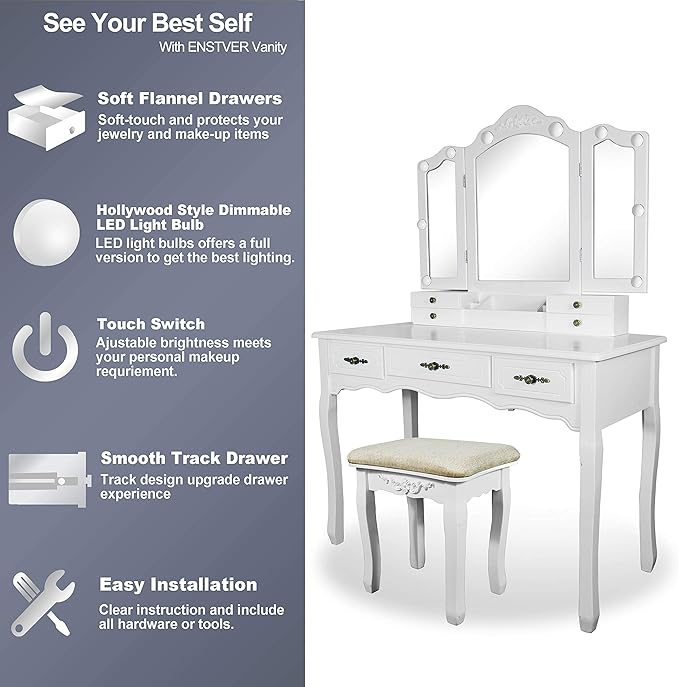 ENSTVER Vintage Vanity Desk with Mirror and Lights, Tri-Folding Mirrors, 6 Organization 7 Drawers Makeup Dress Vanity Table with Cushioned Stool-White