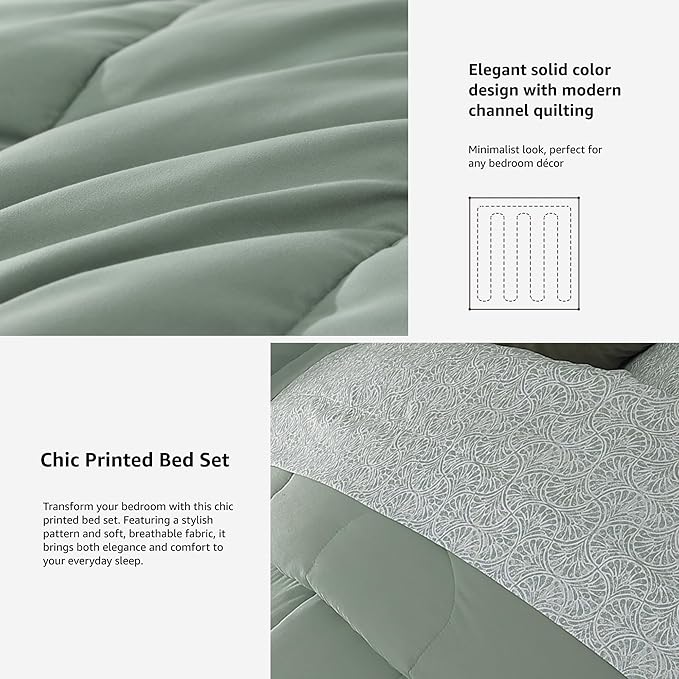 Monbix King Size Comforter Set - 7 Pieces Bed in a Bag King, Sage Green Track Stitching Bedding Sets, All Seasons Down Alternative Bed Set with Sheets, Pillowcases & Shams