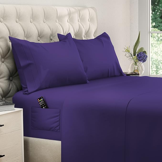 DREAMCARE Queen Sheet Set – 4 pcs Cooling Sheets – up to 21” Extra Deep Pocket Queen Sheets – Hotel Luxury Sheets & Pillowcases – Superior Softness 100% Fine Microfiber with Side Pocket – Purple