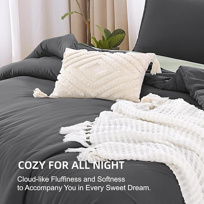 Litanika Grey Comforter King Size Set, Dark Gray Lightweight Plain Bedding Comforters Sets, All Season Fluffy Bed Set (104x90In Comforter & 2 Pillowcases)
