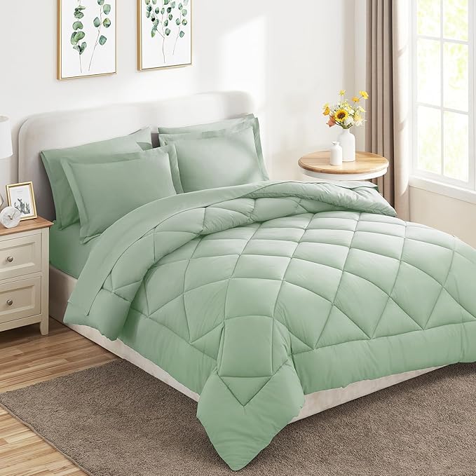 CozyLux Queen Comforter Set Sage Green - Bed in a Bag Queen Size 7 Pieces, Luxury Soft Bed Set for All Seasons, Bedding Set with Down Alternative Comforter, Sheets, Pillowcases & Shams