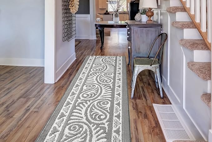 Custom Length Cut to Size Tribal Ethnic Southwestern Inspired Hallway Runner Rug, Non Slip Rubber Backed, 31 inch Wide X Customized Length, Mayan Grey, 31 inch X 22 feet