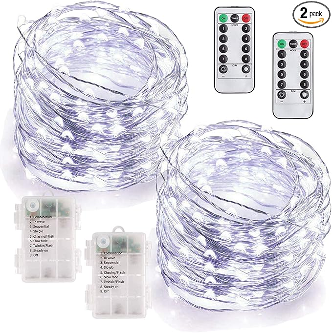 MUMUXI 2 Pack 33ft Remote Control Fairy Lights Battery Operated String Lights with Timer, 100 Twinkle LED for Outdoor, Waterproof Silver Wire Firefly Lights, Cool White