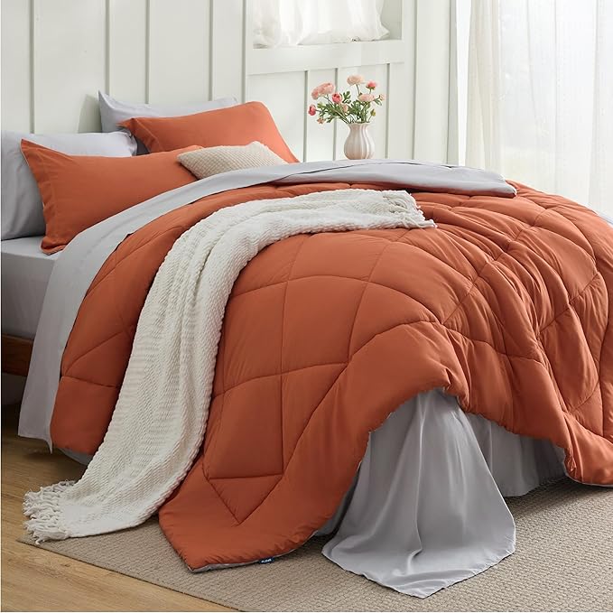 Bedsure Twin Comforter Set - 5 Pieces Reversible Burnt Orange Bedding, Twin Size Bed Set for All Seasons, Bed in a Bag with Down Alternative Comforter, Sheets, Pillowcase & Sham