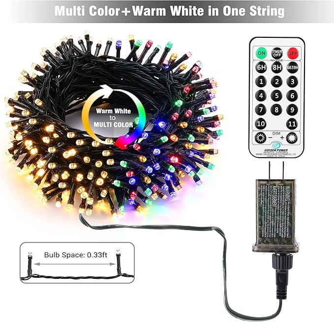 Brizled Christmas String Lights, 33ft 100 LED Color Changing Christmas Lights with Remote, 11 Modes Warm White & Multicolor Xmas Tree Light Connectable Decorative Light String for Xmas Tree Home Party