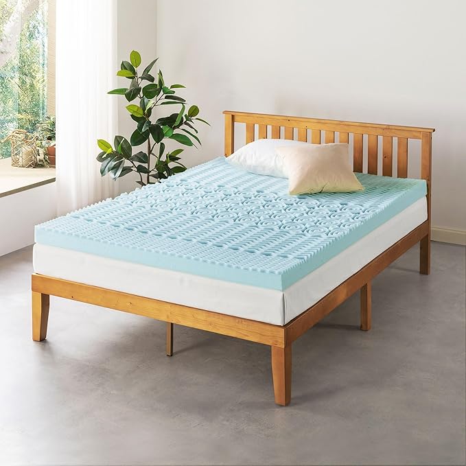 Mellow 4 Inch 5-Zone Memory Foam Mattress Topper, Cooling Gel Infusion, Dorm Essentials, Queen Blue