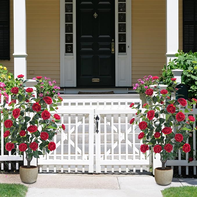 3.6FT Artificial Camellia Fake Tree, Artificial Plants & Flowers with 32 Red Flowers for Door Front Decoration Porch Patio Living Room Office Indoor Outdoor Decor (2PCS Contains Dried Moss)