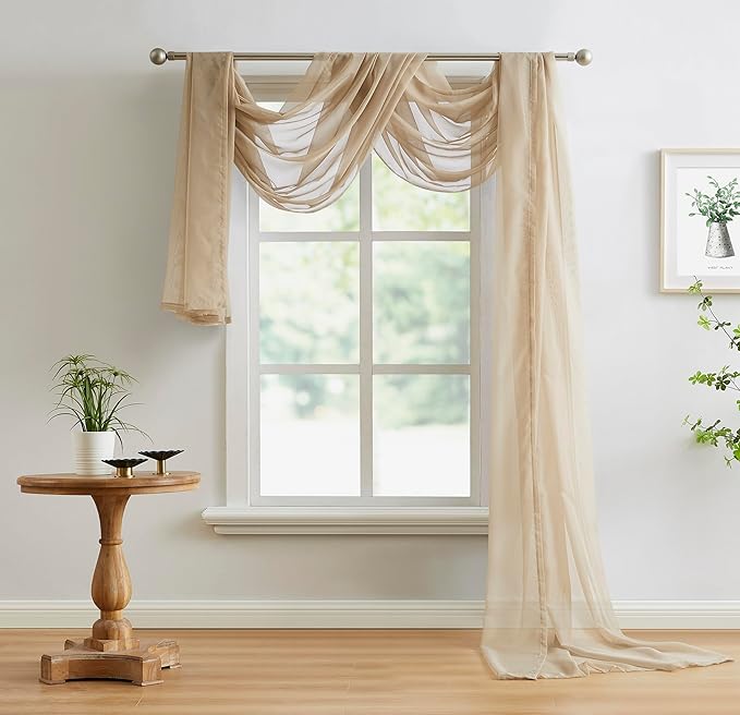 Warm Home Designs 30 Feet Long Sheer Brown Taupe Window Scarf. These XXL Length Valance Window Scarves 54 X 360 Inches in Size. Great as Bed Canopy or Wedding Arch Draping Fabric. AM Taupel 360"