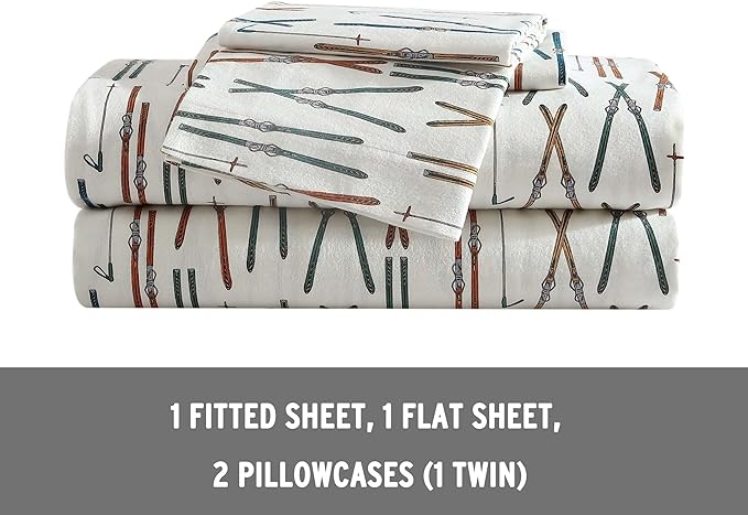 Eddie Bauer - Twin Sheets, Cotton Flannel Bedding Set, Brushed For Extra Softness, Cozy Home Decor (Ski Line White, Twin)