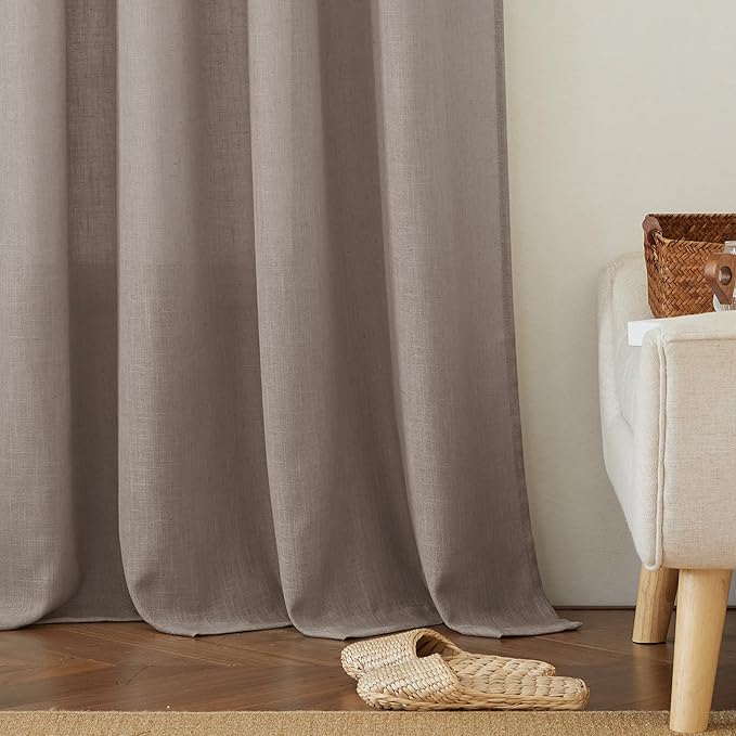 RYB HOME Sheer Curtains 95 inches Long - Linen Texture Semi Sheer Draperies Light Airy Breezy Window Decor for Sun Room Hotel Office Dorm Open House Bedroom, Birch Brown, W 52 x L 95, 2 Pcs