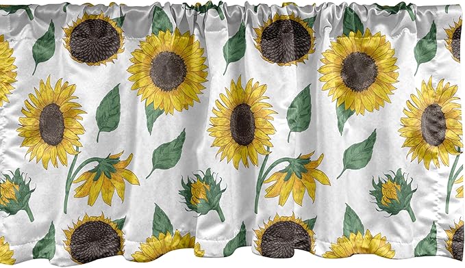 Ambesonne Sunflower Window Valance Pack of 2, Agricultural Pattern Botanical Inspiration Hand-Drawn Flowers, Rod Pocket Curtain Valances for Kitchen Bedroom, 54" X 12", Reseda Green Dark Brown