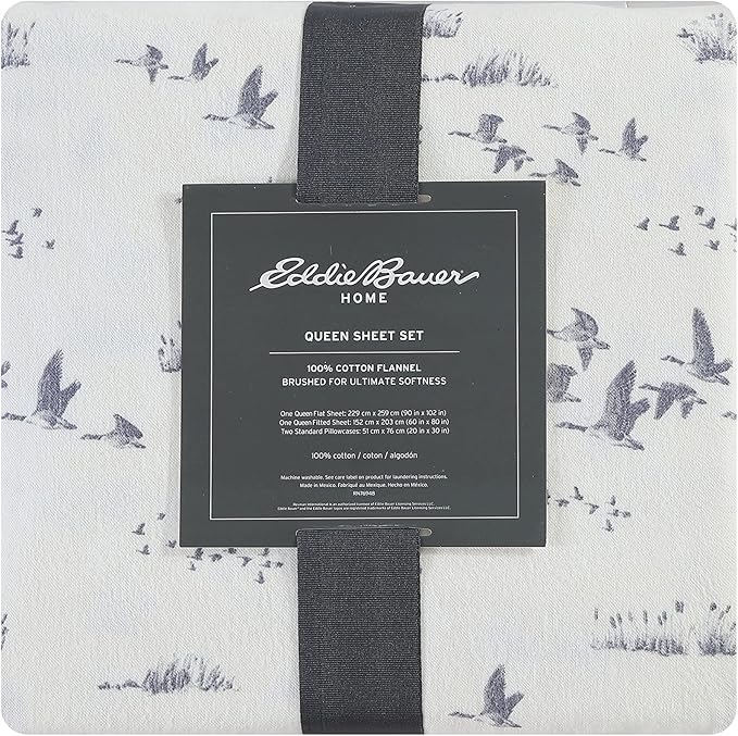 Eddie Bauer - Full Sheet Set, Warm Breathable Cotton Flannel Bedding with Deep Pockets, Brushed for Extra Softness, Cozy Home Decor, Oeko-Tex Certified (Geese Meadows, Full)