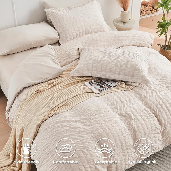 HYMOKEGE Beige Twin XL Comforter Set Seersucker 5 Pieces, All Season Luxury Bed in a Bag for Bedroom, Bedding Set with Comforter, Sheets, Pillowcase & Sham