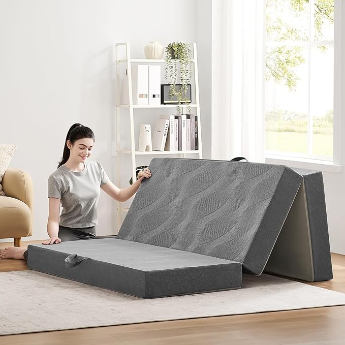 Foldable Mattress Twin 6 inch -Portable Grey Memory Foam Folding Matress with Washable Cover for Camping Travel Guest Room Home Use-Non-Slip&Easy Storage
