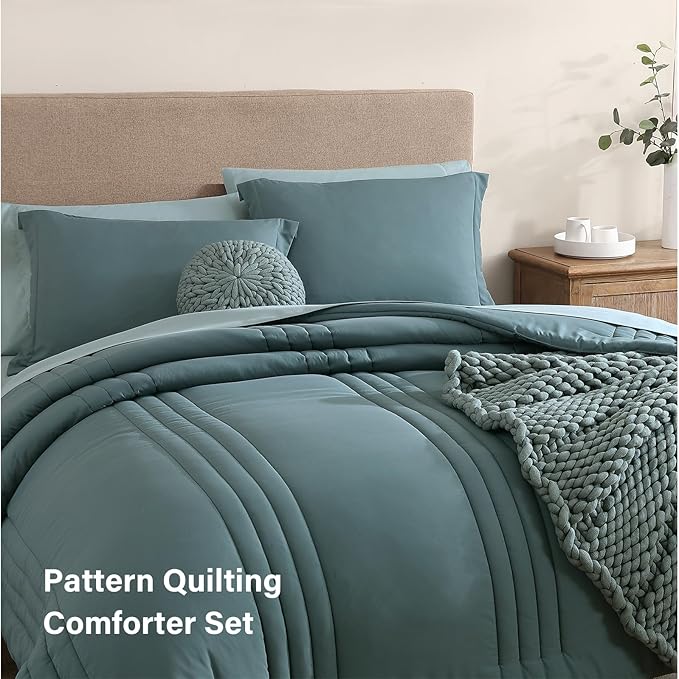 Monbix King Size Comforter Set - 7 Pieces Bed in a Bag King, Dark Green Bedding Sets with Comforter, All Seasons Comforter Bed Set with Sheets, Pillowcases & Shams