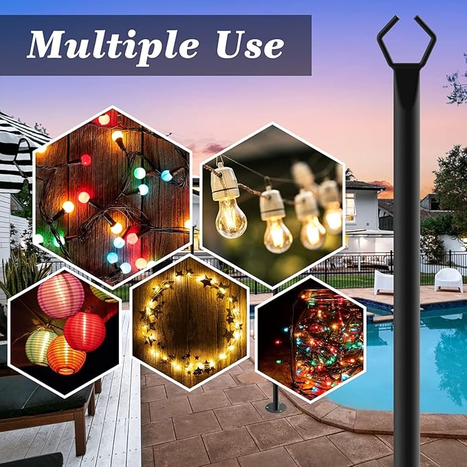 4 Pack 10Ft String Poles, Poles for Outside String Lights,Outdoor with Fork,Metal Poles Stand for Patio,Backyard,Deck