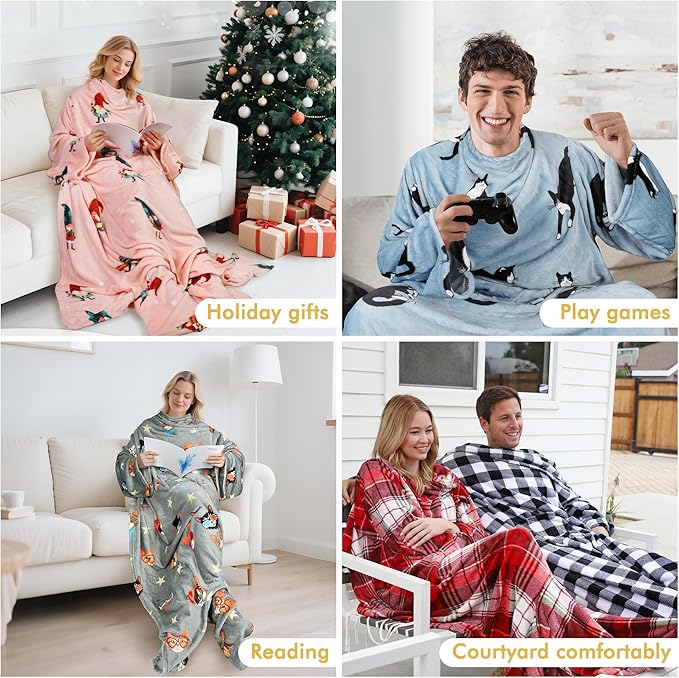 Catalonia Wearable Fleece Blanket with Sleeves and Foot Pockets for Adult Women Men, Micro Plush Comfy Wrap Sleeved Throw Blanket Robe Large, Brown