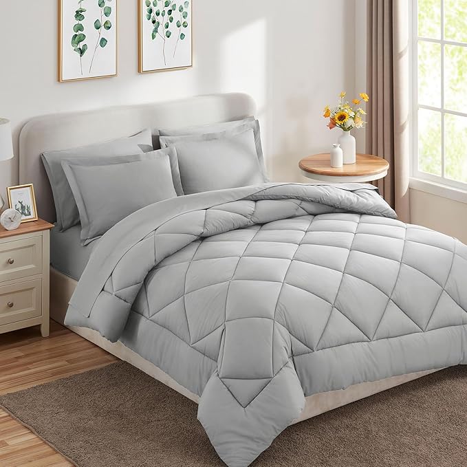 CozyLux Full Size Comforter Sets Light Grey - 7 Pieces Bed in a Bag Full, Luxury Soft Bed Set for All Seasons, Bedding Set with Down Alternative Comforter, Sheets, Pillowcases & Shams