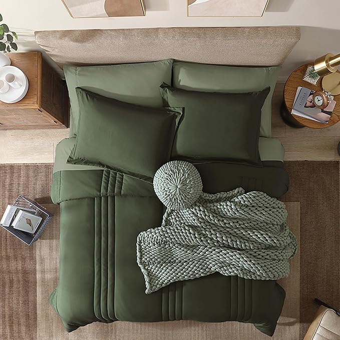 Monbix Full Comforter Set - 7 Pieces Olive Green Bed in a Bag Full Size Bedding Sets with Comforters, All Seasons Down Alternative Comforter with Sheets,Pillowcases & Shams
