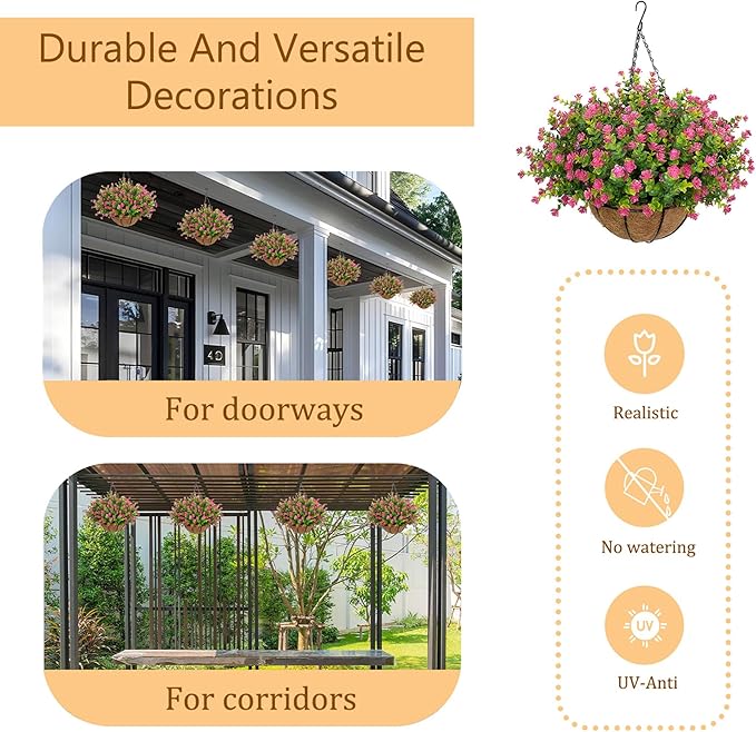 Artificial Hanging Flowers Basket for Outdoor, 16 Fake Flowers Look Real UV Resistant, Faux Hanging Plants for Porch, Balcony, Patio, Garden, Spring Summer Decor,Pink