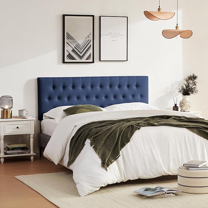 Tufted Upholstered Headboard King Size, Solid Wood Head Board with Durable Metal Legs, Adjustable Height Bed headboard from 37" to 51" Fabric Headboard in Modern Button Design, Blue