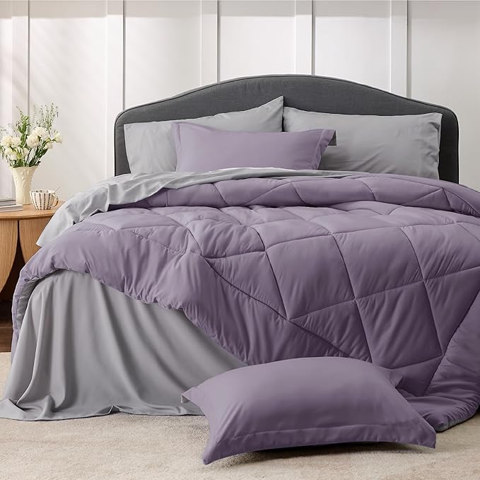 Bedsure Twin XL Comforter Set - 5 Pieces Reversible Grayish Purple Bedding, Twin XL Size Bed Set for All Seasons, Bed in a Bag with Down Alternative Comforter, Sheets, Pillowcase & Sham