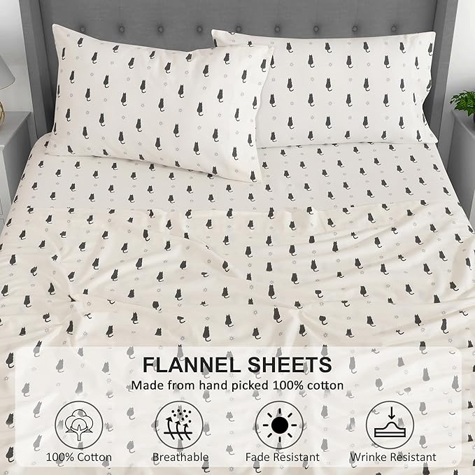 RUVANTI Flannel Sheets Queen Size - 100% Cotton Double Brushed Bed Sheets, Deep Pockets 16 Inches Queen Sheet Set, All Seasons Breathable & Extra Soft - Warm & Cozy, 4 Piece, Black Cat