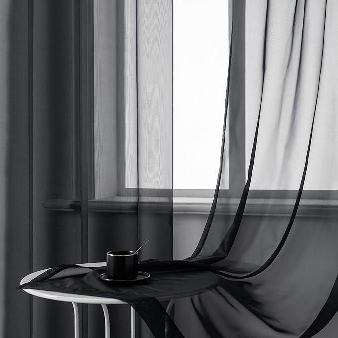 DUALIFE 72 Inches Length Black Sheer Curtains for Bedroom Set of 2 Panels Grommet Faux Linen Semi Voile Window Drapes Elegant Office Curtains for Men Living Room 52x72 Inches Long