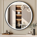 24 Inch Round Bathroom Mirror with Lights, Black Metal Framed Frontlit Circle Mirrors for Wall, Led Light Mirror with Anti-Fog, Memory Function, 3 Color Temperature, Dimmable Makeup Mirror
