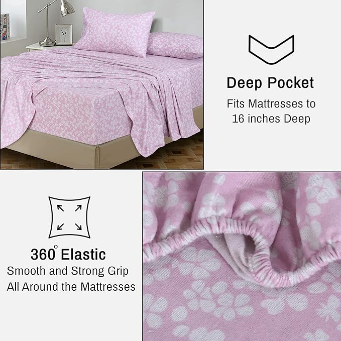 RUVANTI Flannel Sheets California King Size - 100% Cotton Brushed Cal King Bed Sheets Set - Deep Pockets 14 Inches - All Seasons Breathable & Extra Soft - Warm & Cozy, 4 Piece, Pink Flora