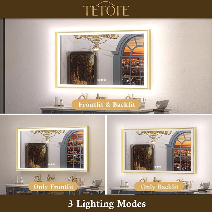 TETOTE Gold LED Mirror for Bathroom 20x28 Metal Frame Frontlit & Backlit Lighted Vanity Mirror Baroque Anti Fog Stepless Dimmable White/Warm/Natural,CRI90+,Wall Mounted(Horizontal/Vertical)