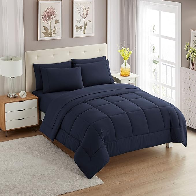 Full Size Comforter Set with Sheets - 7-Piece Bedding Collection - 1 Comforter, 1 Fitted Sheet, 1 Flat, 4 Pillowcases - Deep Pocket - Soft & Premium Quality - Ideal for All Seasons, Navy Blue