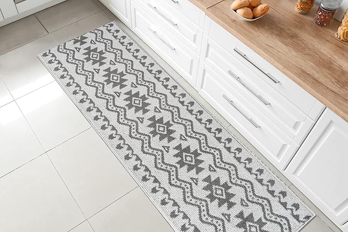 Custom Size Southwestern Style Runner Rug Mat for Wide Hallway Entryway Kitchen Laundry Room with Slip Resistant Latex Rubber Backing, Aztec Light Grey, 31 inch X 15 feet