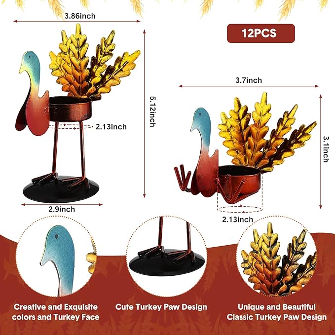 Sieral 12 Pieces Thanksgiving Candle Holder Metal Turkey Tea Light Candle Holders Thanksgiving Table Centerpieces Decoration Turkey Candlesticks for Fall Holiday Fireplace Home Centerpiece