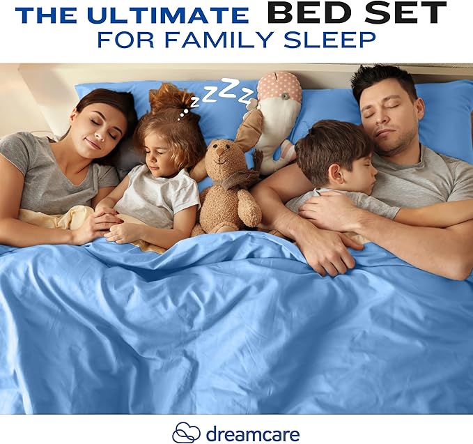 DREAMCARE California King Sheet Sets – 4 pcs Cooling Sheets – up to 21” Deep Cal King Sheets – Hotel Luxury Pillowcases – Superior Softness 100% Fine Microfiber with Side Pocket – Light Blue