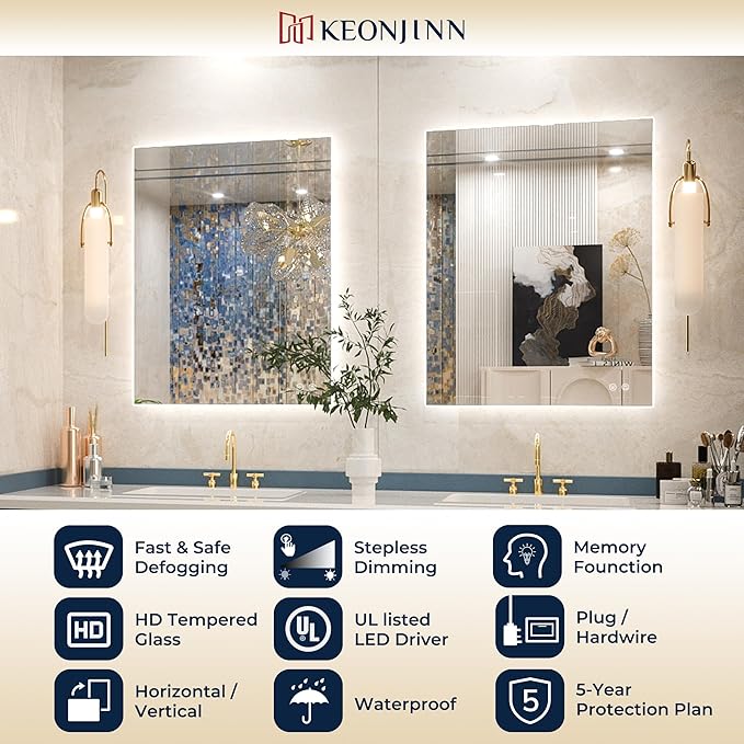 Keonjinn LED Bathroom Mirror with Lights 36 x 36 Inch, Backlit Vanity Mirrors for Wall, Stepless Dimmable, Anti Fog, Waterproof, CR90+ Tempered Glass, Memory Founction, High Lumen