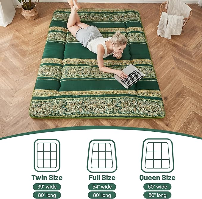 Japanese Floor Mattress, Futon Mattress with Portable Storage Bag and Washable Cover, Roll Up Thick Tatami Mat Suitable for Camping, Guest Room (Bohemian Green, Twin)
