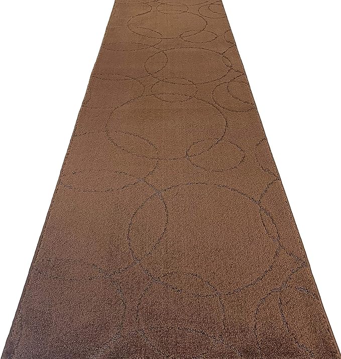 Custom Size Modern Geometric Pattern Carpet Runner Rug for Hallways, Slip Resistant Latex Rubber Backed, 31 inch Wide X Customized Length, Circles Brown, 31 inch X 10 feet