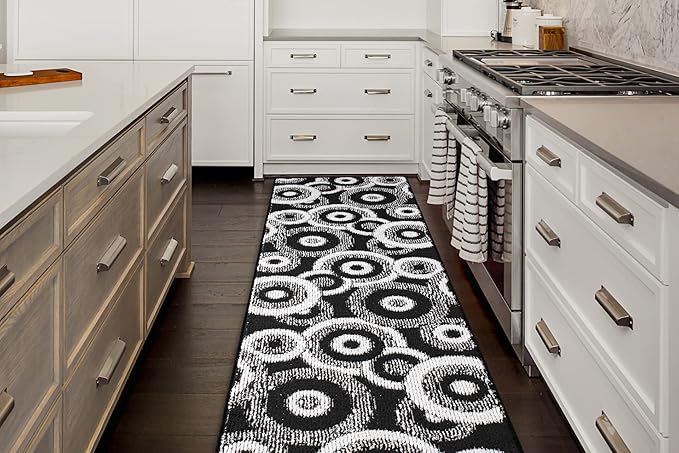 Custom Length Cut to Size Modern Farmhouse Carpet Runner Rug for Hallways, Non Slip Rubber Backed, 31 inch Wide X Customized Length, Geo Black, 31 inch X 15 feet