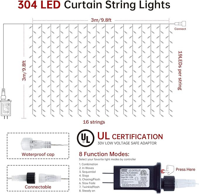 HEYFUNi 304 LED Curtain Lights Outdoor, 9.8Ft*9.8Ft Hanging String Lights Plug in with 8 Modes, Connectable Curtain Fairy Lights for Bedroom, Dorm, Christmas, Wall, Backdrop, Wedding Decor, White