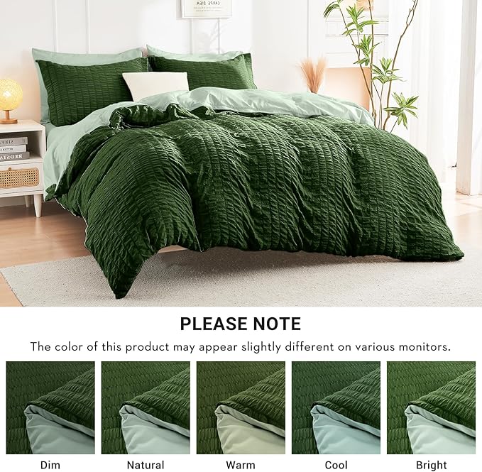 HYMOKEGE Dark Green/Sage Green Twin XL Comforter Set Seersucker 5 Pieces, All Season Luxury Bed in a Bag for Bedroom, Bedding Set with Comforter, Sheets, Pillowcase & Sham