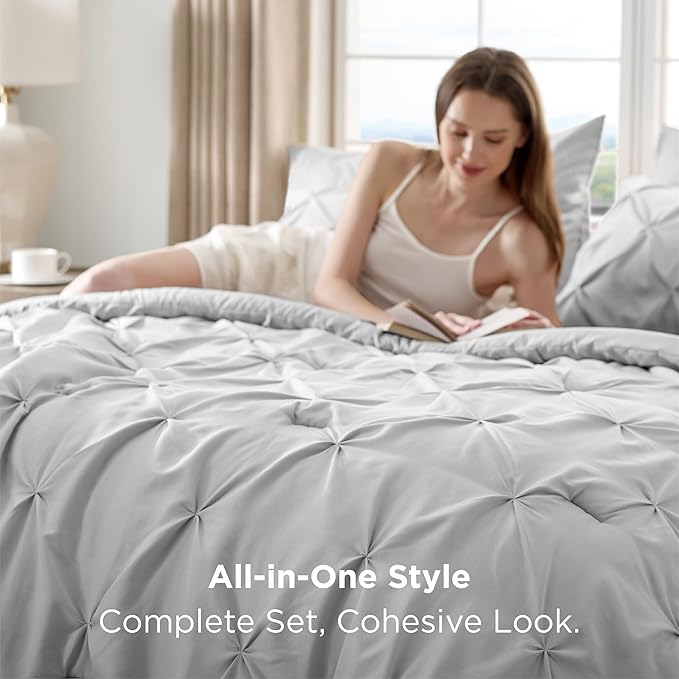 Bedsure Twin Comforter Set Light Grey - Bed in a Bag Twin Size Bedding 5 Pieces, GentleSoft™ Pintuck Bed Set Gift for Family, Pinch Pleat Light Grey Comforter with Sheets, Pillowcase & Sham