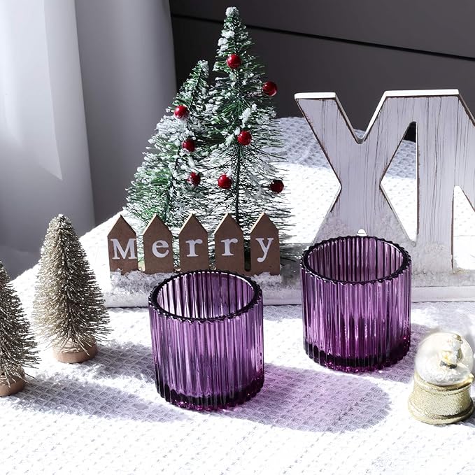 VOHO Large Votive Candle Holders for Table Centerpiece, 6pcs Purple Glass Ribbed Candle Holder for Halloween Decorations, Vintage Tealight Candle Holder for Baby Shower/Easter/Diwali(2.75"W x 2.56"H)