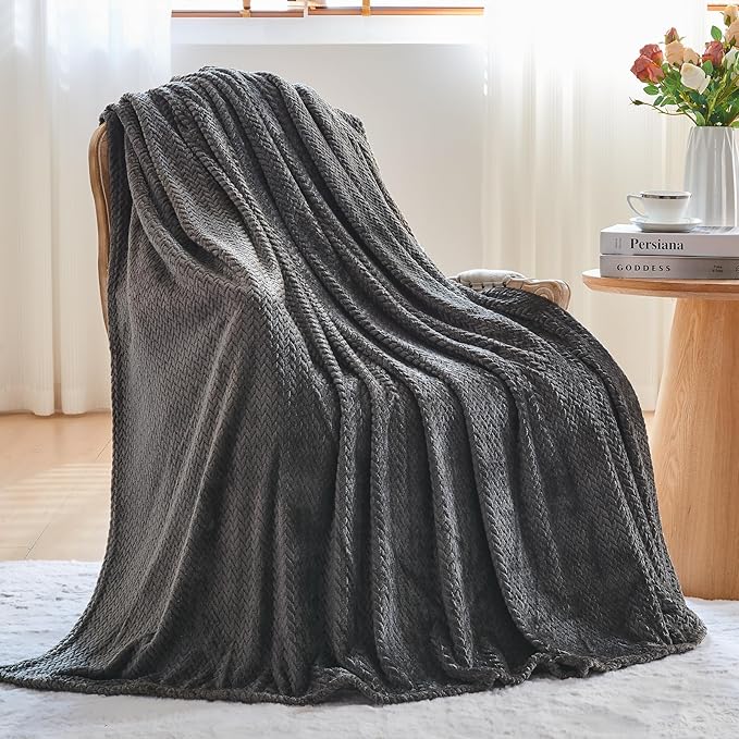 NEWCOSPLAY Super Soft Twin Blanket Dark Grey Premium Silky Flannel Fleece Leaves Pattern Lightweight Bed Blanket All Season Use (Dark Grey, Twin(60"x80"))