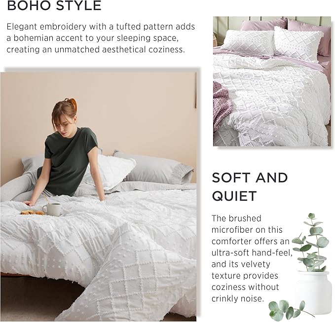 Bedsure Twin Comforter Set - Ivory Comforter, Boho Tufted Shabby Chic Bedding for Kids, 2 Pieces Vintage Farmhouse Bed Set for All Seasons, Fluffy Soft Bedding with 1 Pillow Sham