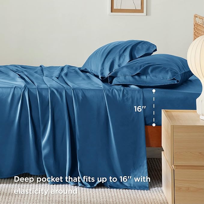 Bedsure King Size Sheets Set, Cooling Sheets for Hot Sleepers, Rayon Derived from Bamboo, Breathable & Soft, Deep Pocket Up to 16 Inches, Hotel Luxury Silky Bedding, Peacock Blue